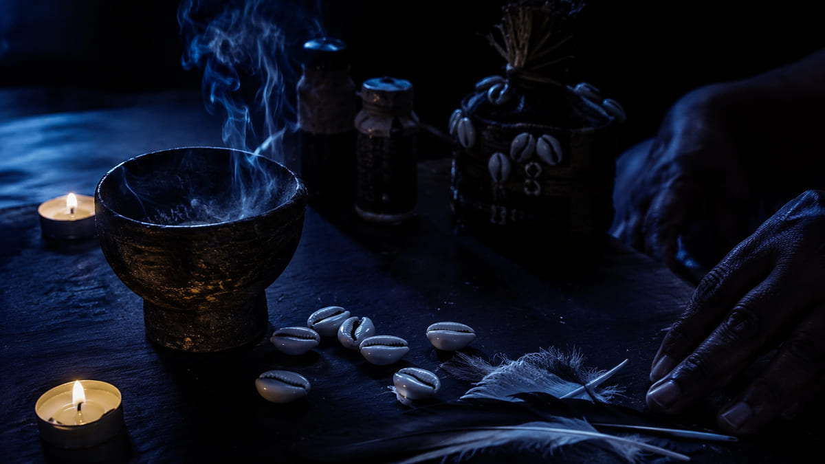 Mains au-dessus de cauris et d'un encensoir fumant, à la bougie, la nuit