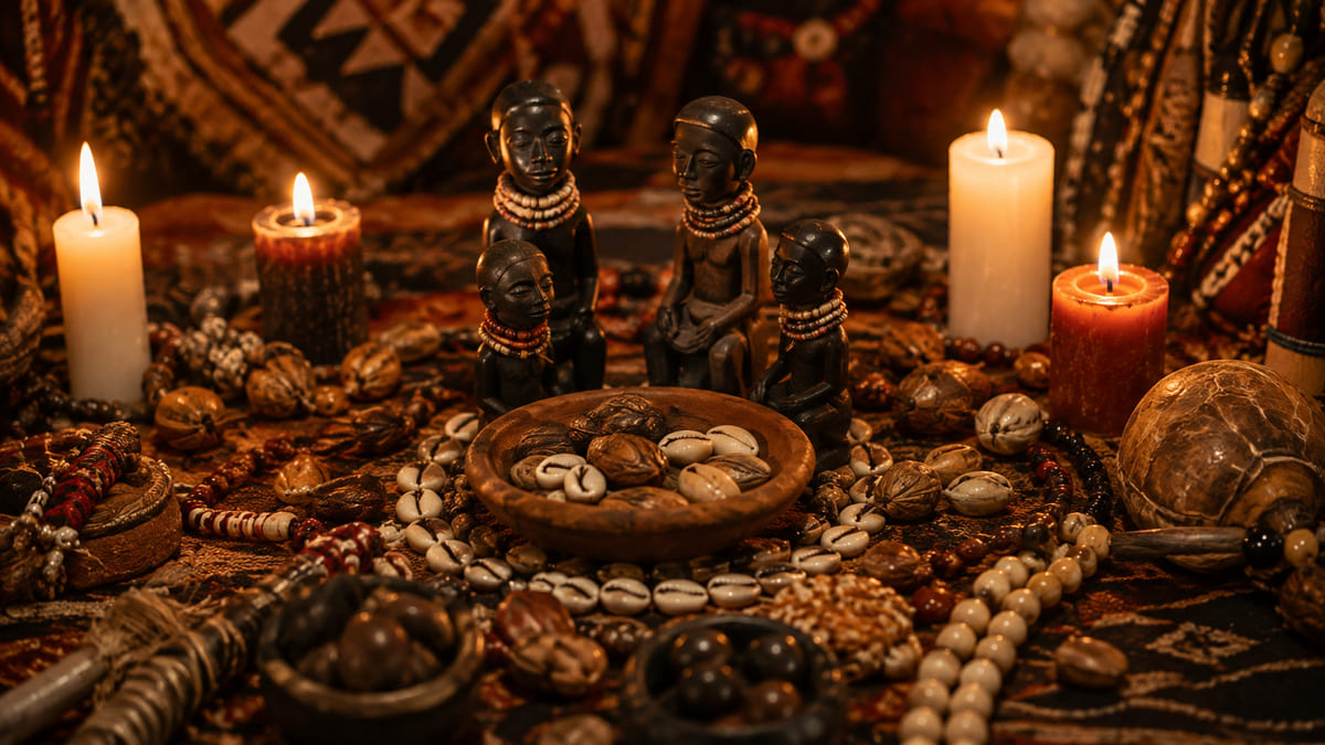 Statuettes traditionnelles et bol de cauris entourés de bougies sur un autel