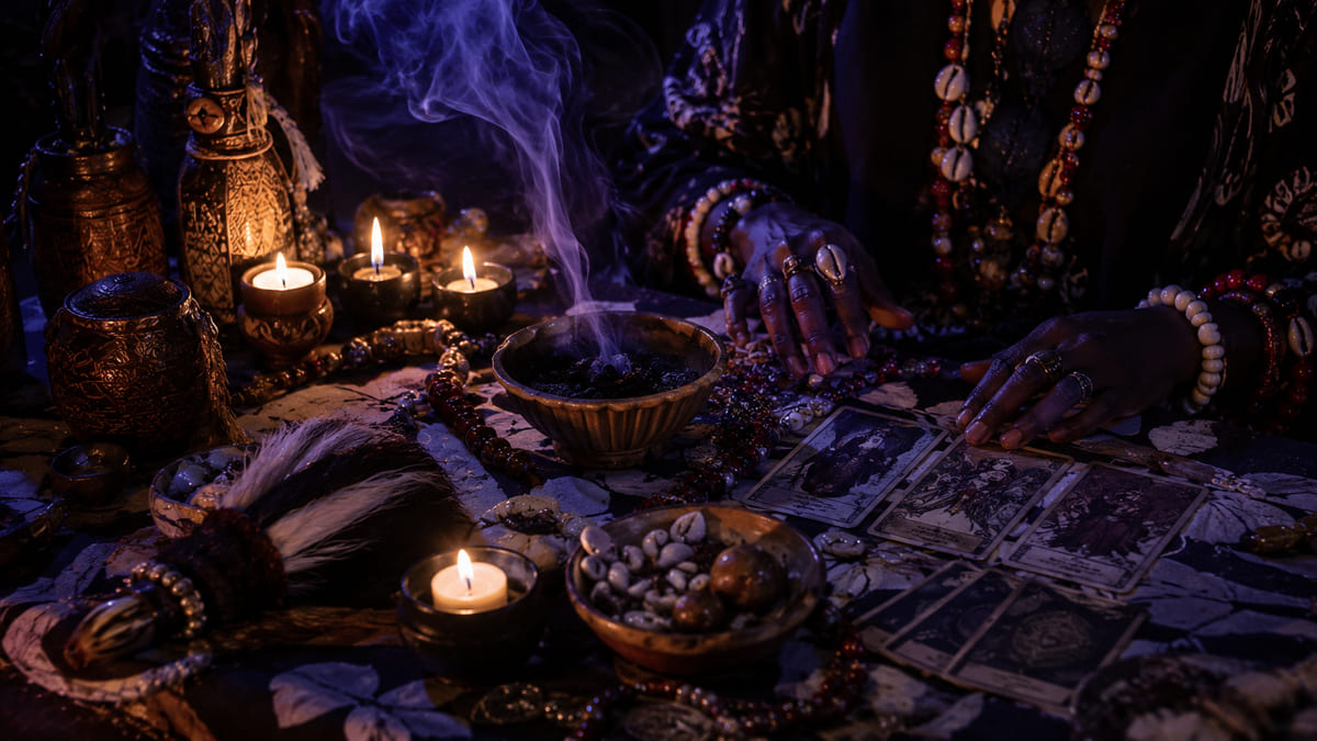 Mains au-dessus d'un tirage de tarot, encens et cauris à la lueur des bougies
