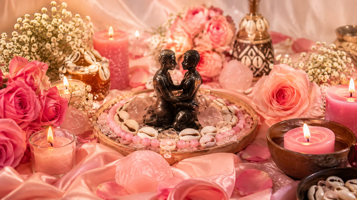 Deux statuettes se tenant les mains sur un plateau de cauris, roses et bougies roses
