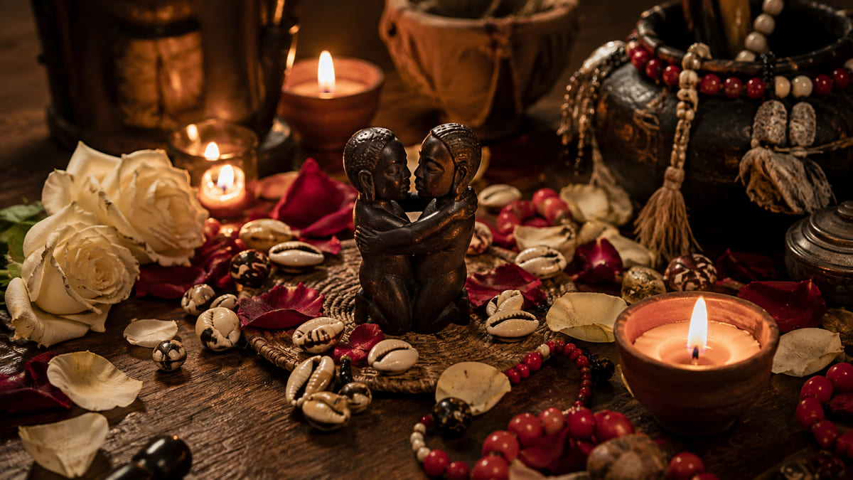 Statuettes enlacées sur une natte de cauris, pétales de roses rouges et blanches