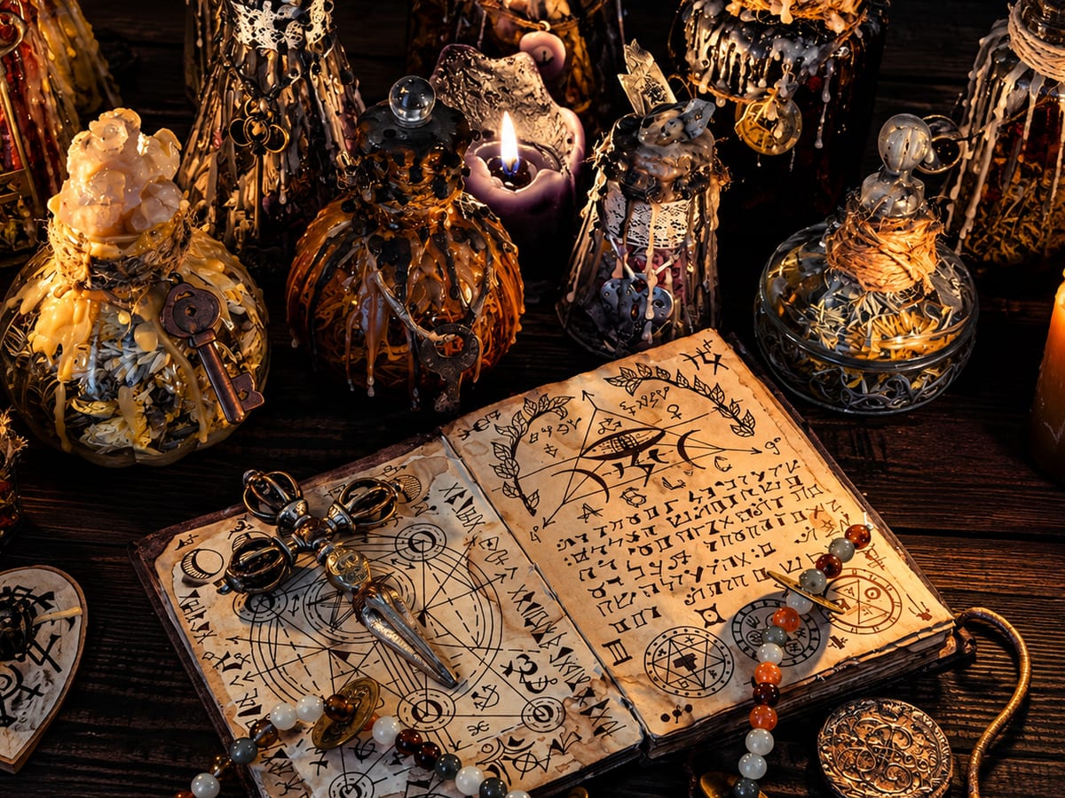 Grimoire ouvert, bougies et fioles anciennes sur une table de travail